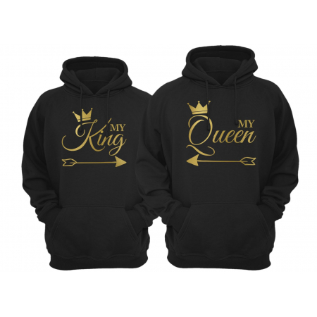 Bluzy dla par zakochanych z kapturem My King My Queen złoty nadruk unisex